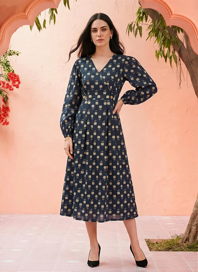 globus Globus Women Blue Allover Floral Printed V-Neck Bishop Sleeves Fit & Flare Midi Dress